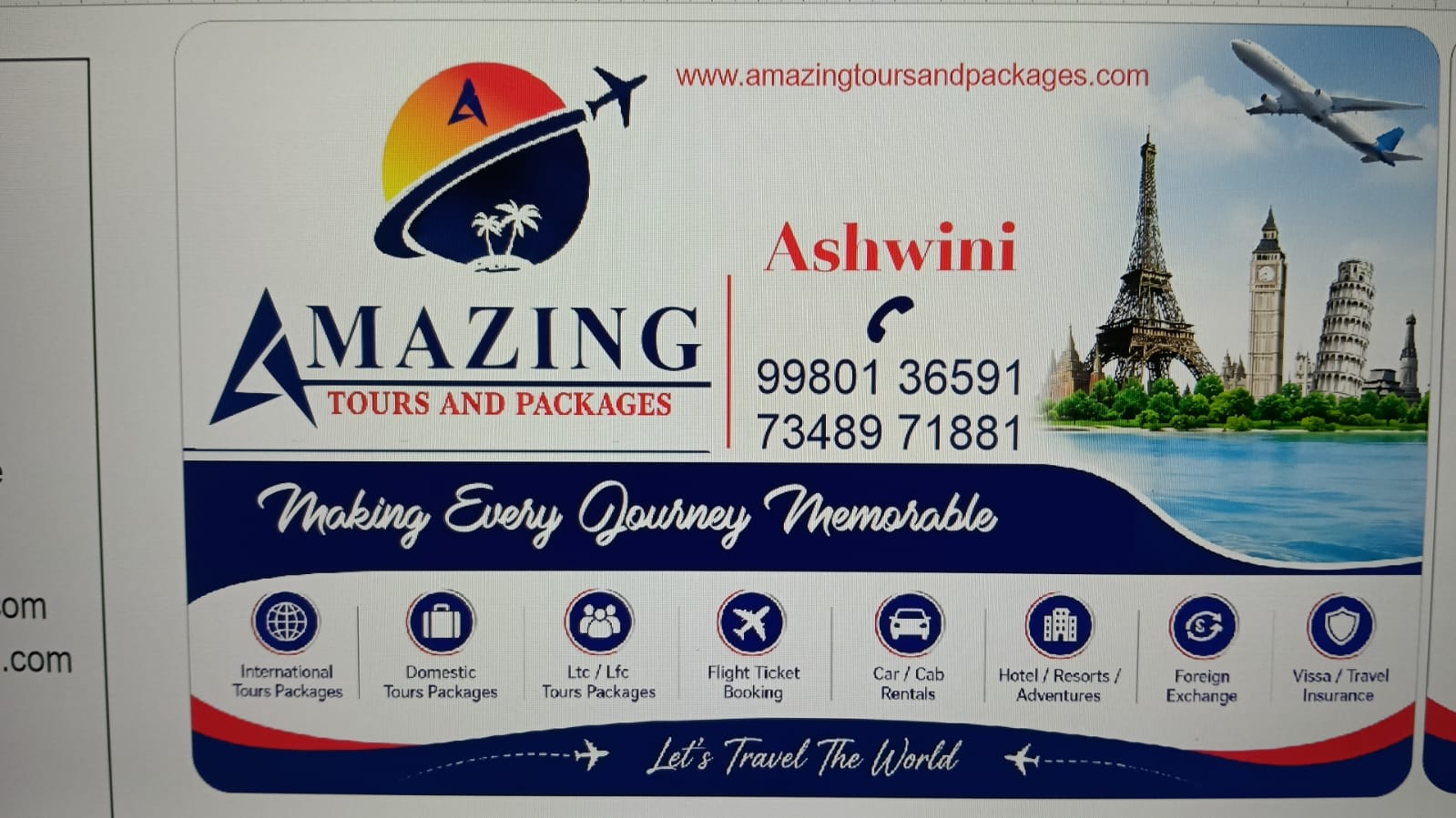 Amazing Tours and Packages business card showing the logo, contact numbers and list of services
